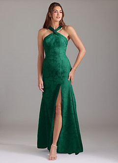 Azazie Rue Bridesmaid Dresses Emerald A-Line Pleated Floral Burnout Dress image1