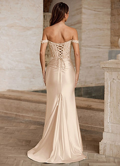 Linange Champagne Off-Shoulder Lace Corset Satin Slit Gown image2