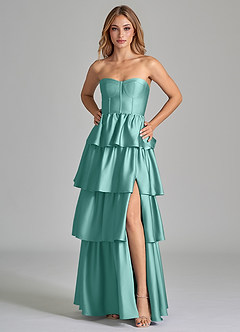 Azazie Faye Bridesmaid Dresses Aqua A-Line Ruched Stretch Satin Dress image5