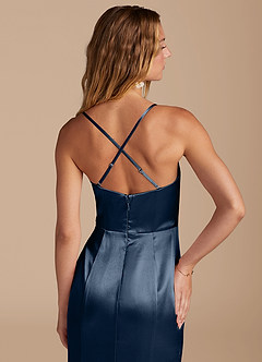 Azazie Marzia Bridesmaid Dresses Dark Navy Mermaid Pleated Metallic Satin Dress image7