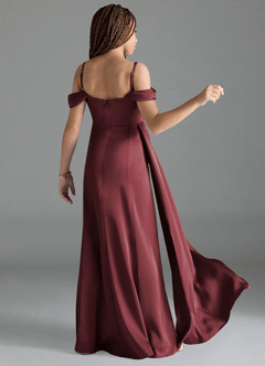 Azazie Amyra Junior Merlot Sheath Off the Shoulder Stretch Satin Dress image2