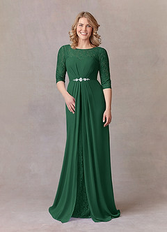 Azazie Leonine Mère de la mariée Robes Robe Trapèze en Mousseline de soie Dentelle échancrée Vert Foncé image3