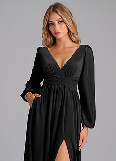 Azazie Norah Bridesmaid Dresses Black A-Line Long Sleeve Velvet Dress image2
