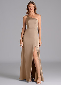 Azazie Trina Bridesmaid Dresses Taupe A-Line One Shoulder Stretch Satin Dress image3