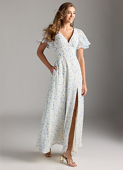 Azazie Kimber Bridesmaid Dresses Blue And White Ditsy Floral A-Line Flounce Sleeve Chiffon Dress image5