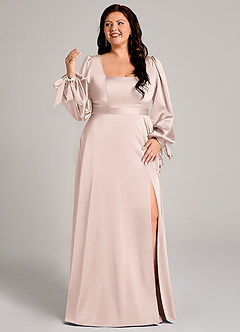 Azazie Leonia Bridesmaid Dresses Blushing Pink A-Line Long Sleeve Stretch Satin Dress image10