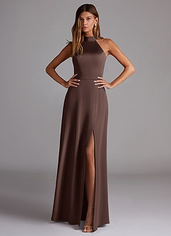 Azazie Myra Bridesmaid Dresses Ganache A-Line High Neck Stretch Satin Dress image3