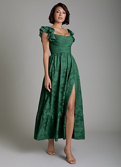 Azazie Anaya Bridesmaid Dresses Dark Green A-Line Ruched Floral Burnout Dress image4