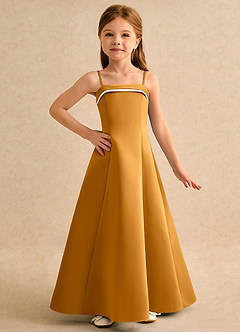 Azazie Izel Girls Formal vestidos de niña de las flores Vestido de Marfil Caramelo de Satin Mate de Corte en A con Plisado image5