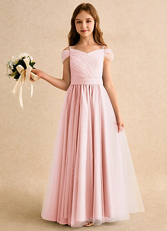 Azazie Yuna Girls Formal 플라워 걸 드레스 A라인 오프 더 숄더 얇실버 명주 그물 플로어 길이 드레스 image3