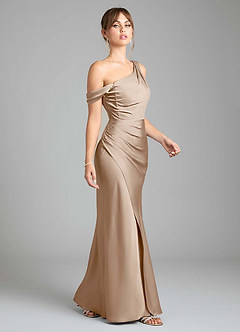 Azazie Madelyn Bridesmaid Dresses Taupe Mermaid One Shoulder Stretch Satin Convertible Dress image5