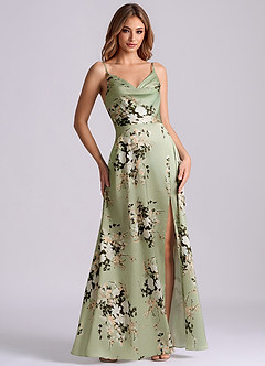 Azazie Sarella Vestidos de damas de honor Vestido Enredaderas Florales de Satén Elástico de Línea A con Plisado image3