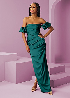 Barbie ♥ Azazie Robes de demoiselle d'honneur Robe Fourreau Convertible en Satin extensible Épaule décolletée Paon image3