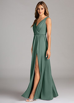 Azazie Tanicia Bridesmaid Dresses Eucalyptus A-Line Pleated Stretch Satin Dress image5