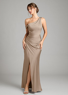 Azazie Madelyn Bridesmaid Dresses Taupe Mermaid One Shoulder Stretch Satin Convertible Dress image1