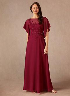 Azazie Faviola vestidos de madre de la novia Vestido de Borgoña de Gasa de Corte En A con Cuello barco lentejuelas image1