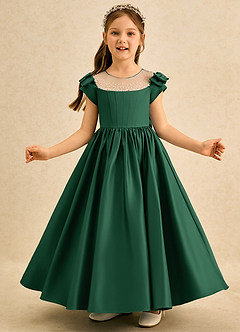 Azazie Toffee vestidos de niña de las flores Vestido de Verde Oscuro de Satin Mate de Corte Princesa con Lazo image3