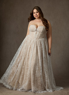 Azazie Lorena Wedding Dresses Diamond White Champagne A-Line Strapless Lace Dress image7