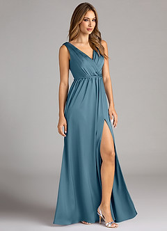 Azazie Tanicia 신부 들러리 드레스 A라인 주름진 스트레치 새틴 바닥 길이 드레스 image4