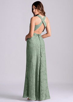 Azazie Evadne Final Sale Matcha Sheath Pleated Floral Burnout Dress image2