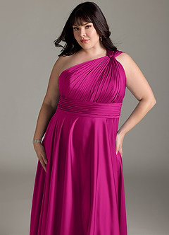 Azazie Charlize Bridesmaid Dresses Fuchsia A-Line One Shoulder Stretch Satin Dress image13