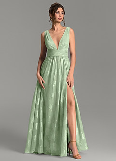 Azazie Vanessa Robes de demoiselle d'honneur Robe Trapèze en Jacquard floral dévoré Plissé Vert Sauge image1