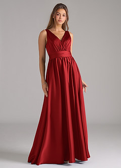 Azazie Kora Bridesmaid Dresses Pomegranate A-Line Pleated Stretch Satin Dress image1