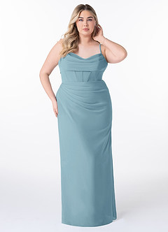 Azazie Mai Robes de demoiselle d'honneur Robe Fourreau en Mousseline de soie Plissée Bleu Maussade image7
