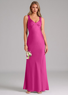 Azazie Kamila Bridesmaid Dresses Fuchsia A-Line Pleated Stretch Satin Dress image1