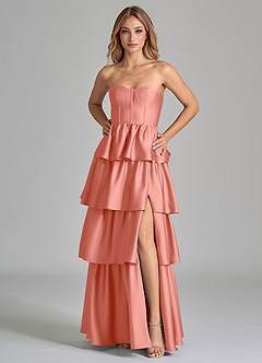 Azazie Faye Bridesmaid Dresses Coral A-Line Ruched Stretch Satin Dress image5