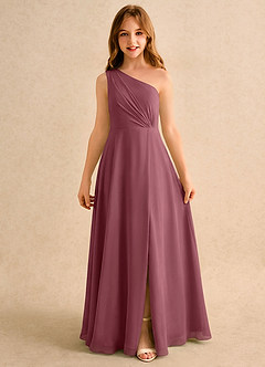Azazie Puddles Girls Formal Robe Demoiselle D'honneur Fillette Robe Trapèze en Mousseline de soie Asymétrique Rose Du Désert image6