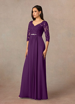 Azazie Hayek Kleider für die Brautmutter A-Linie V-Hals Spitze Chiffon Kleid Traube image2