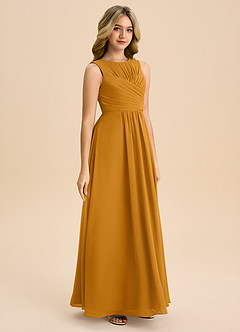 Azazie Skyla Junior Vestido Caramelo de Chiffon de Linha A com Plissado image4