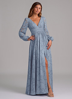 Azazie Norah Robes de demoiselle d'honneur Robe Trapèze en Blumen-Burnout Manche longue Bleu Poussiéreux image4