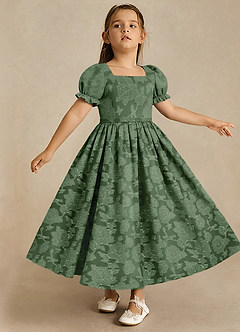Azazie Joss Robe Demoiselle D'honneur Fillette Robe Trapèze en Blumen-Burnout avec manches Eucalyptus image3