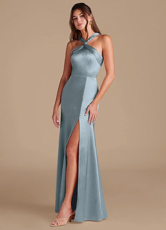 Azazie Rue Bridesmaid Dresses Dusty Blue Mermaid Pleated Metallic Satin Dress image5