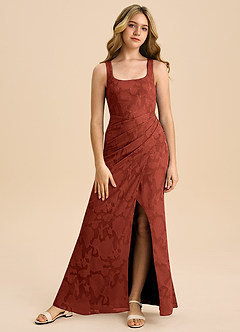 Azazie Mero Junior Jurk van Bloemen Burn-out met Kolom Geplooid Terracotta image4