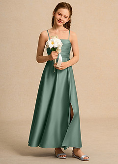 Azazie Pebbles Junior Formal vestidos de niña de las flores Vestido de Eucalipto de Satin Mate de Corte En A con Plisado image7