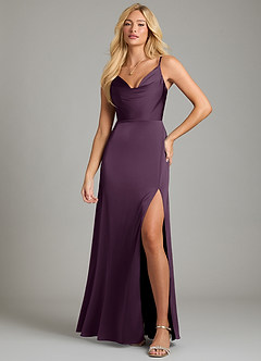 Azazie Sarella Vestidos de damas de honor Vestido de Ciruela de Satén Elástico de Corte en A con Plisado image4