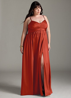 Azazie Alia Bridesmaid Dresses Rust A-Line Pleated Stretch Satin Dress image12