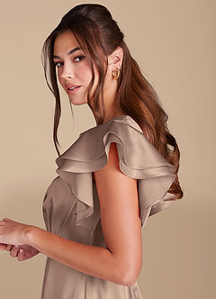 Azazie Daphne Modest Bridesmaid Dresses A-Line Ruched Metallic Satin Floor-Length Dress image5