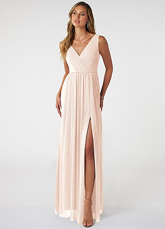 Azazie Tanicia Bridesmaid Dresses Blushing Pink A-Line V-Neck Pleated Mesh Dress image1