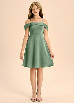 Azazie Anselie Junior Vestido de Matcha de Satén Elástico de Corte en A con Plisado image3