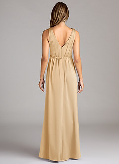 Azazie Tanicia Bridesmaid Dresses Gold A-Line Pleated Stretch Satin Dress image2