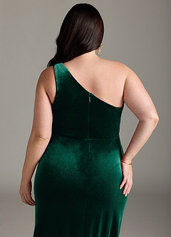 Azazie Argan Bridesmaid Dresses Emerald A-Line One Shoulder Pleated Velvet Dress image13