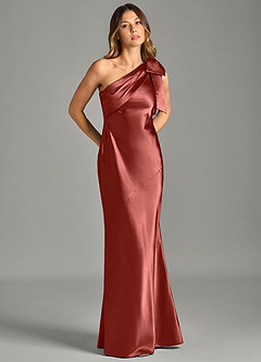 Azazie Yuanna Bridesmaid Dresses Terracotta Mermaid One Shoulder Metallic Satin Dress image5