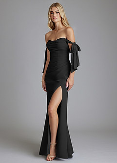 Azazie Nehemia At-home Try On Dresses Black Mermaid Off the Shoulder Chiffon Convertible Dress image4