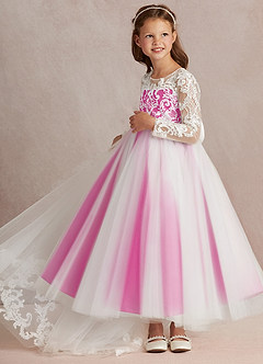 Azazie Elodie Flower Girl Dresses Ivory Fuchsia Ball-Gown Lace Dress image5