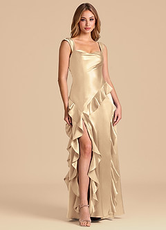 Azazie Sloane Bridesmaid Dresses Gold A-Line Sweetheart Neckline Metallic Satin Dress image1