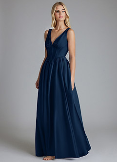 Azazie Delmie Brautjungfernkleider A-Linie Korsett Stretch-Satin Kleid Dunkelmarine image4